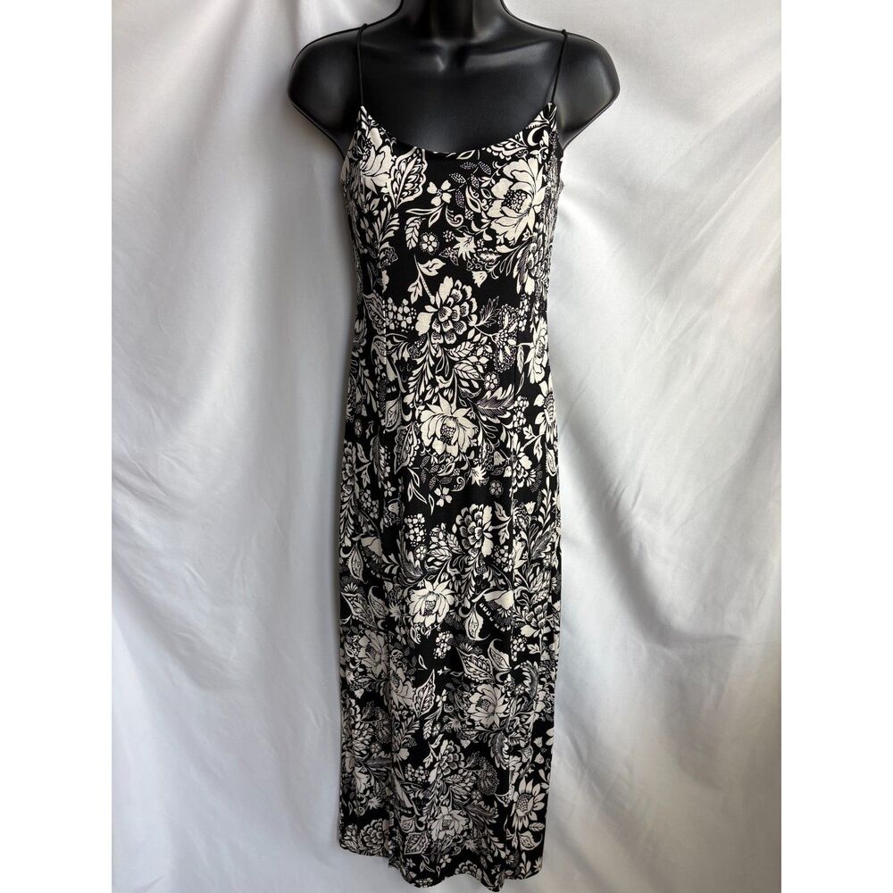 7Day WKND Floral Midi Dress Black Cream Size S Spaghetti Straps Side Slit Cute